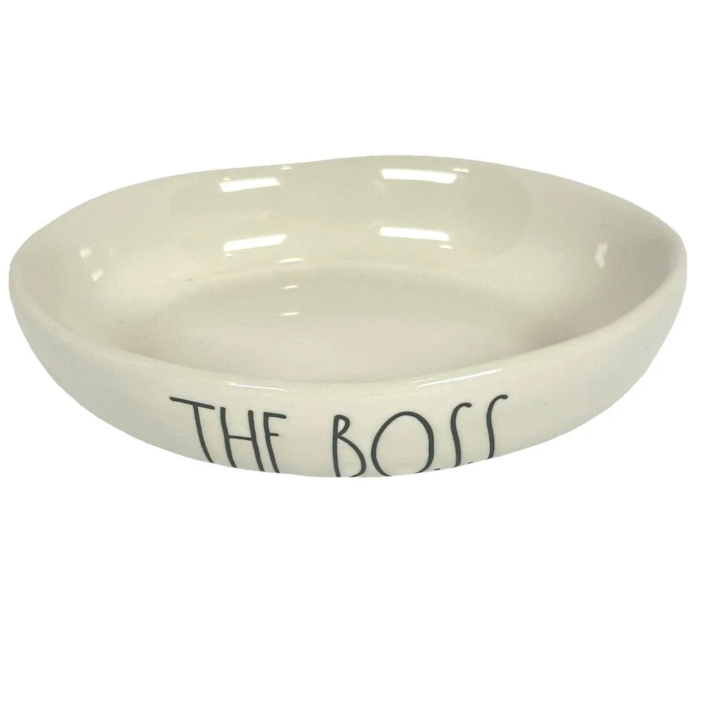 Rae Dunn THE BOSS Pet Bowl Dog Cat Dish Ceramic Ivory Magenta Artisan